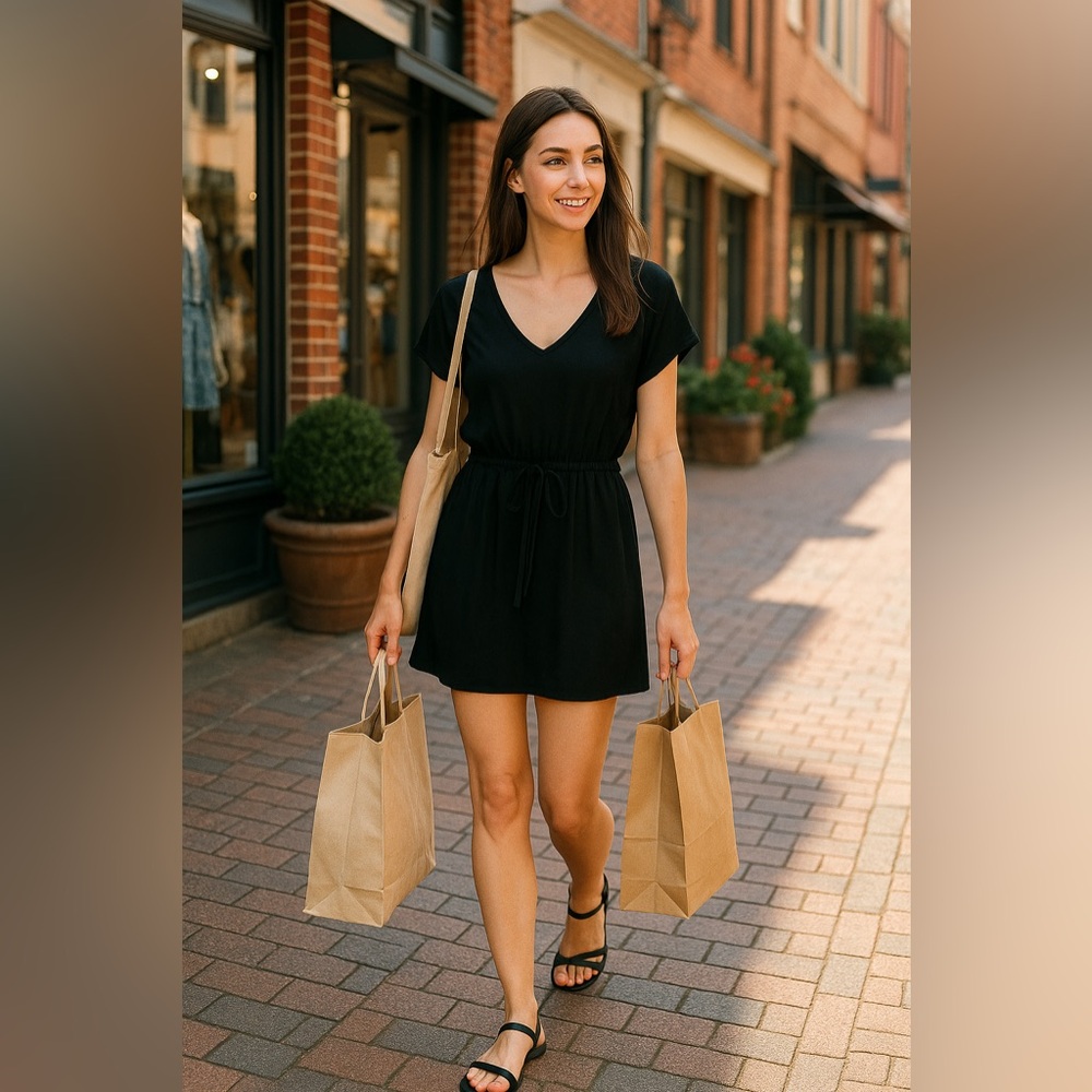 Black‎ V-Neck Mini Dress Swimsuit Cover-Up Short Sleeve Ekouaer Size Small
